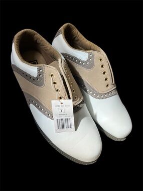 Ladies Golf Shoes in White and Taupe - Elegant Wingtip Athletic Oxfords